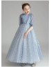 Elbow Sleeves Blue Star Lace Tulle Flower Girl Dress